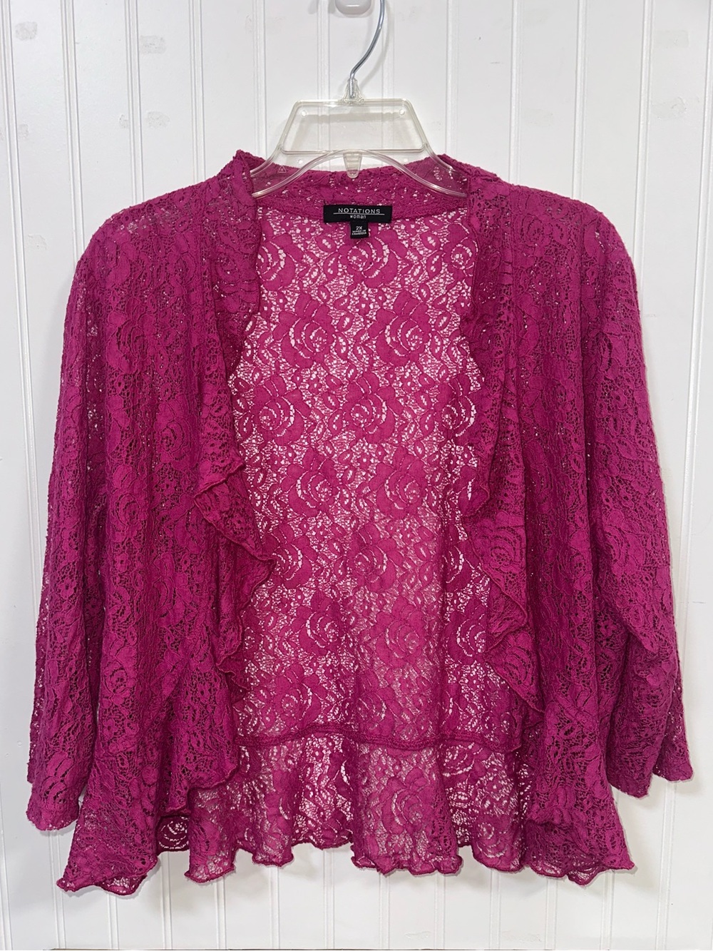 Notations Woman 2X Dark Pink Lace Bolero Cardigan Ruffled Hem Coquette Shrug